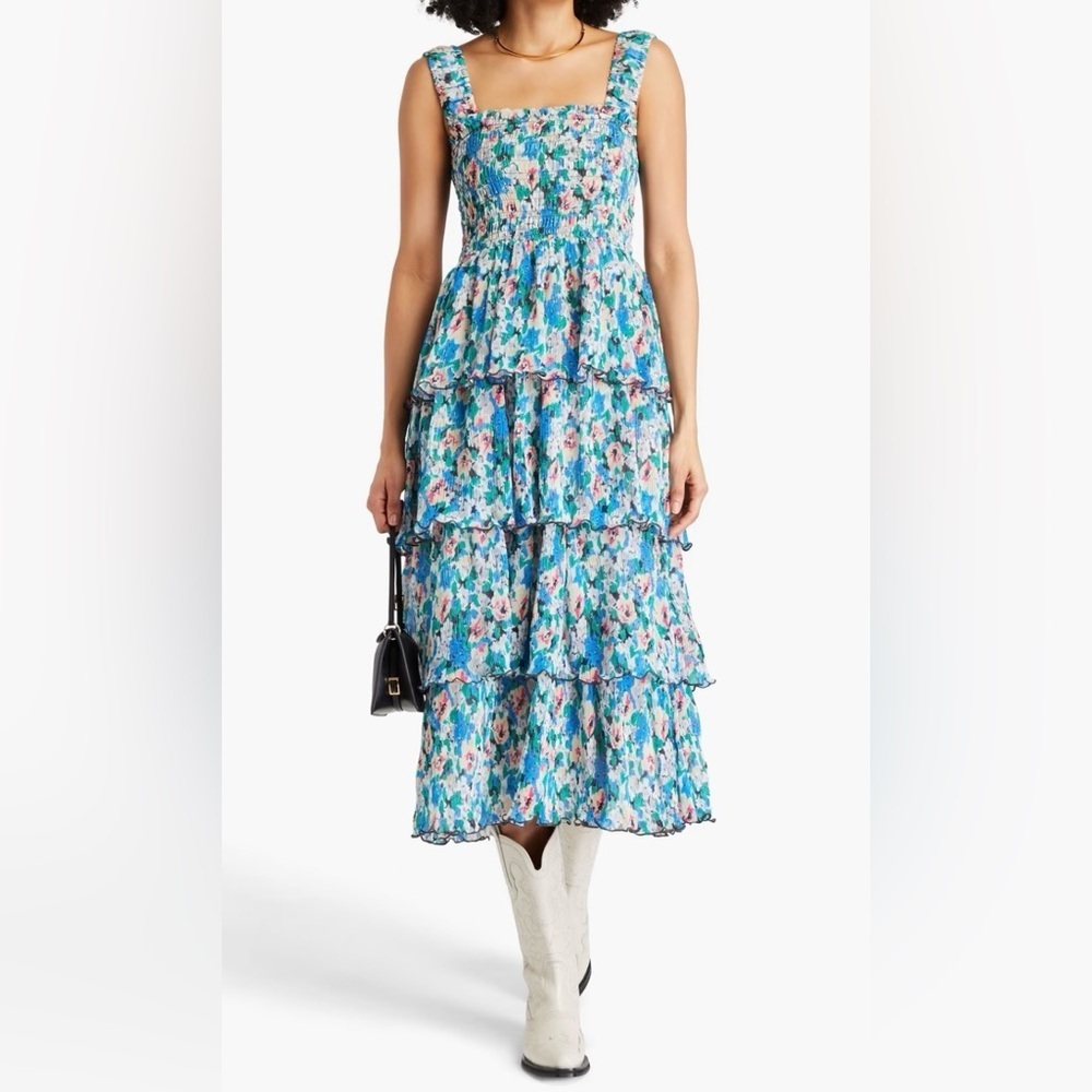 Ganni Blue Floral Tiered Midi Dress-Skirt